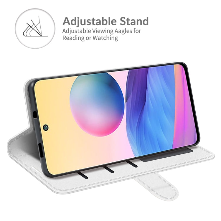 White horizontal flip phone case with front cover stand and cutouts for Xiaomi Redmi Note 10 5G