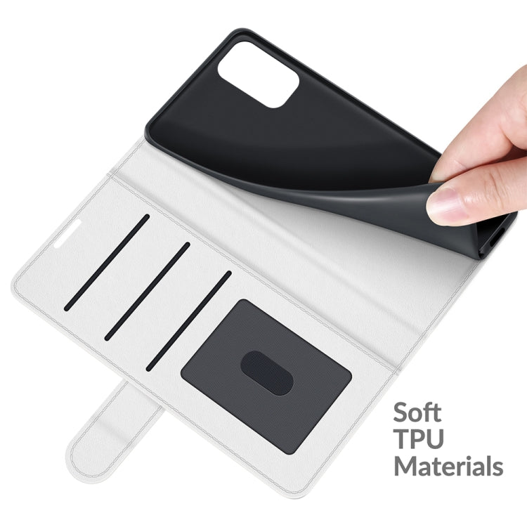 White flip phone case with card slots; soft TPU material shown in hand for Xiaomi Redmi Note 10 5G