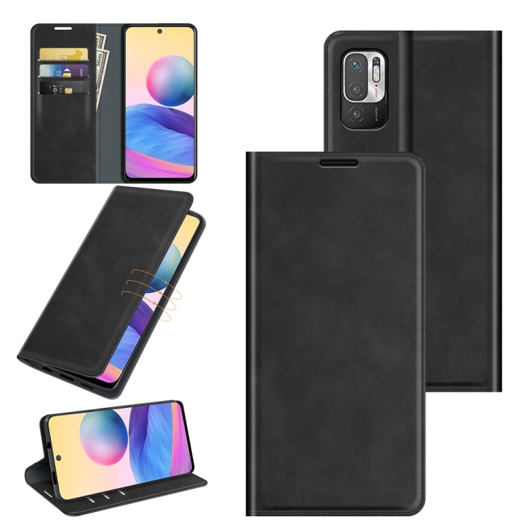 Black leather folio phone case with magnetic closure, card slots, and stand