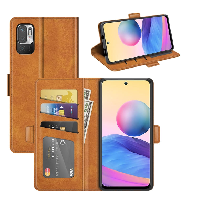 Brown leather wallet phone case with flip cover, magnetic buckle, card slots, and stand