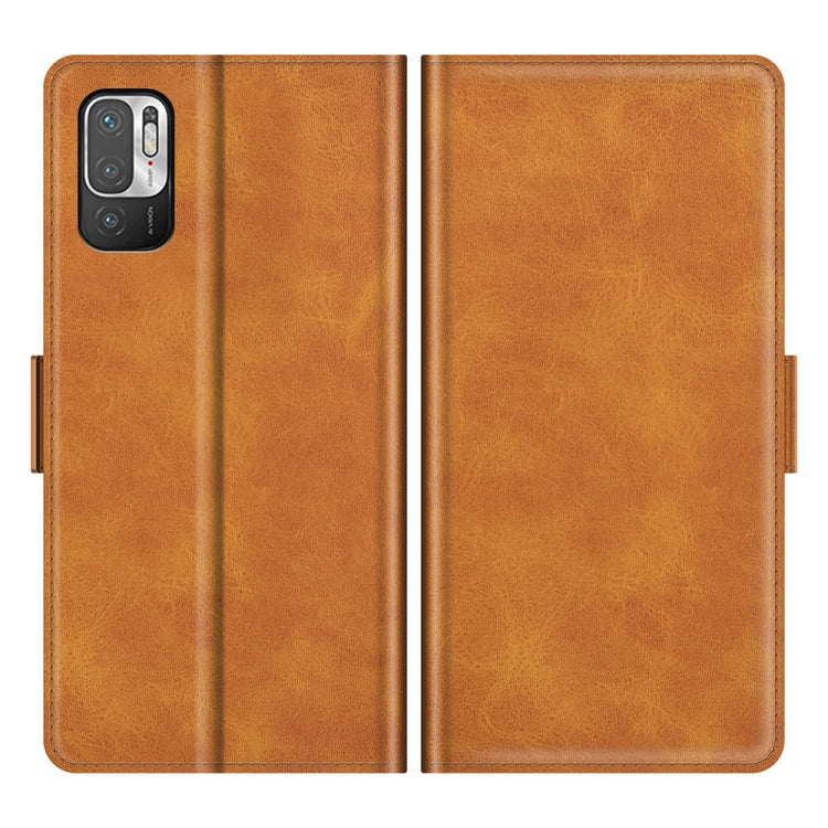 Brown leather flip phone case with protective cover and side cutouts for ports and buttons