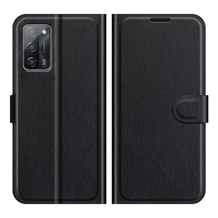Black textured flip wallet case with side phone pocket and magnetic strap