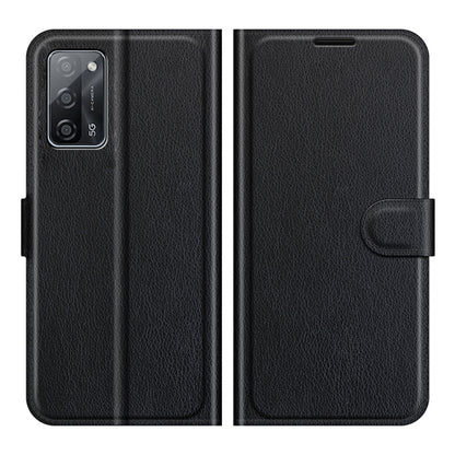 Black textured flip wallet case with side phone pocket and magnetic strap