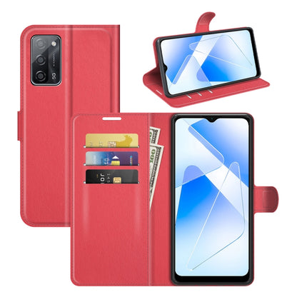 Red flip wallet case with card slots and viewing stand for smartphone