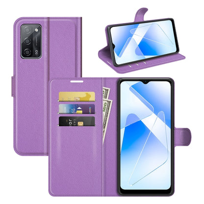 Purple flip wallet case with card slots and adjustable stand for smartphone