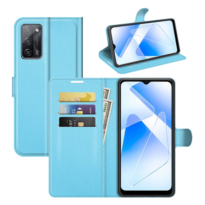 Light blue litchi-texture wallet flip phone case with card slots for OPPO A55 5G