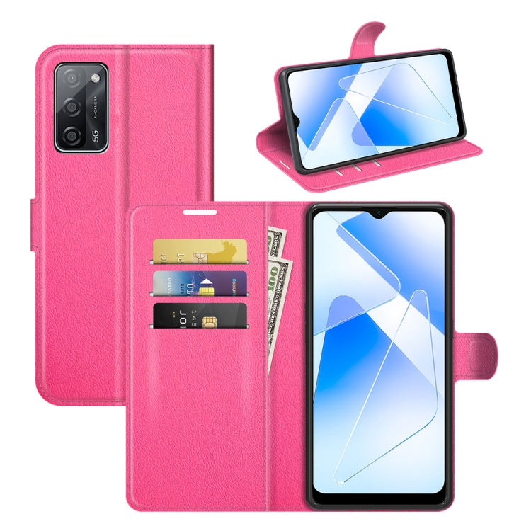 Pink litchi-texture wallet flip phone case with card slots for OPPO A55 5G