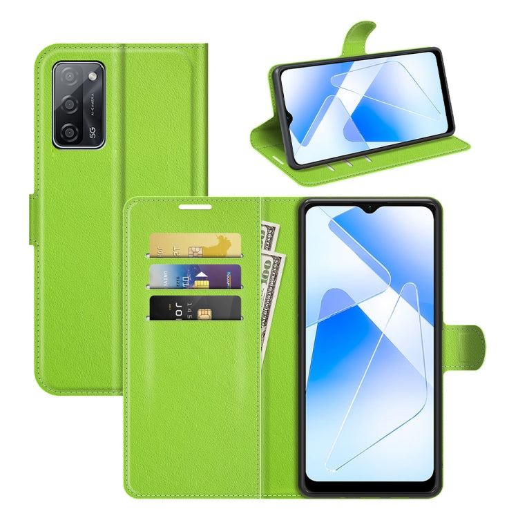Green litchi-texture wallet flip phone case with card slots for OPPO A55 5G