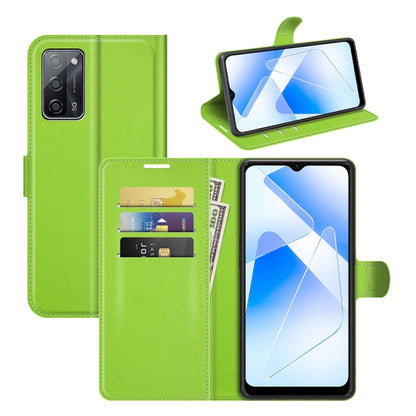 Green litchi-texture wallet flip phone case with card slots for OPPO A55 5G