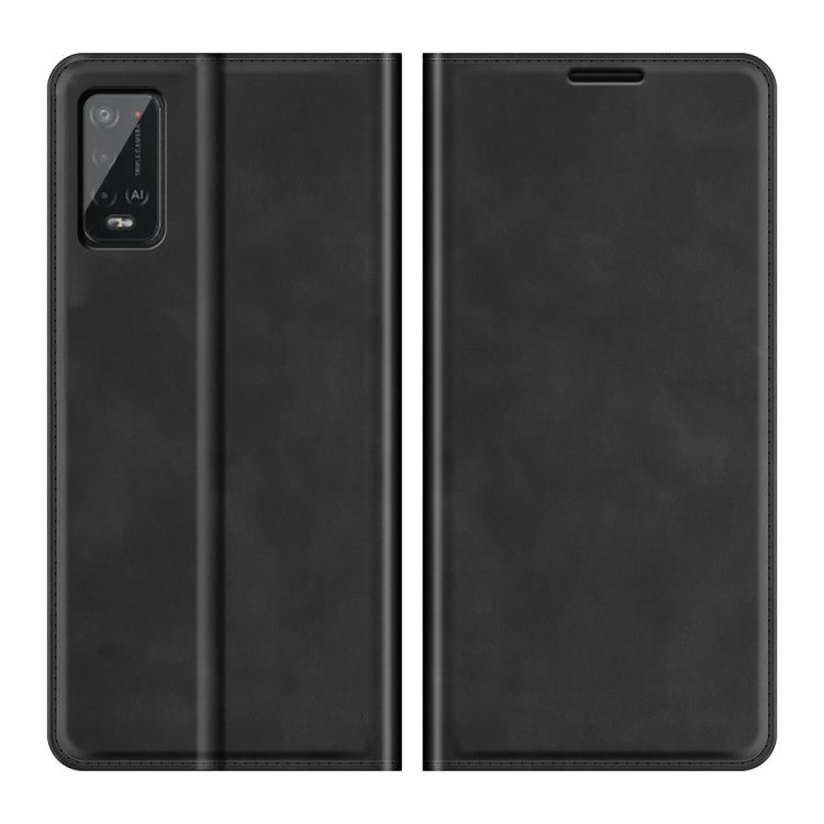 Magnetic leather wallet case with card slots for Wiko Power U20, black front and back
