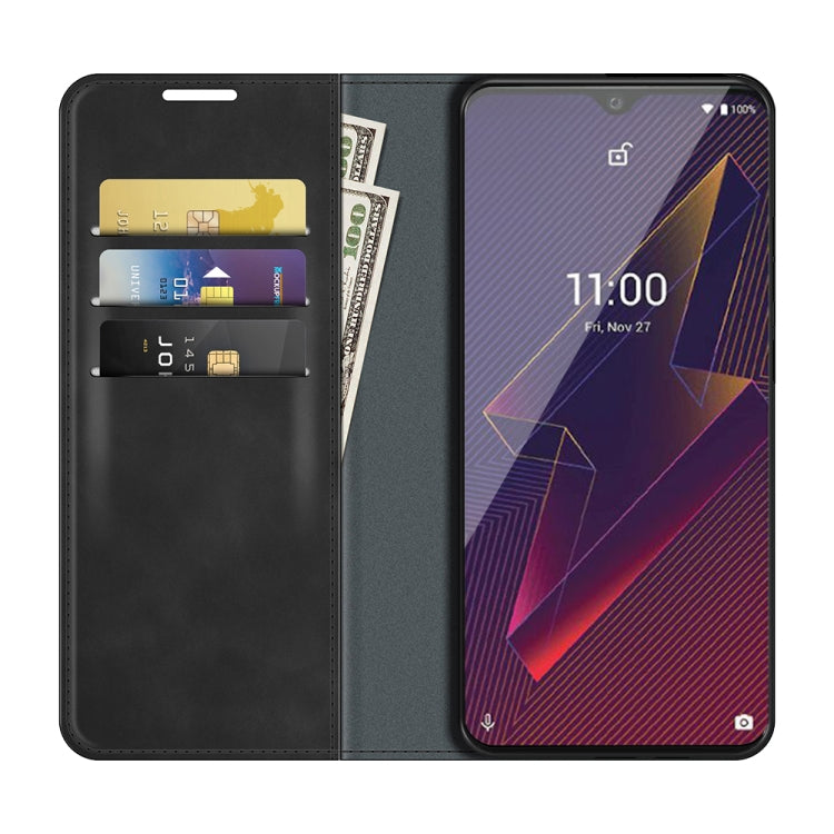Leather wallet case with card slots and magnetic closure for Wiko Power U20, black
