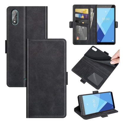 Black leather flip phone case with magnetic clasp, card slots, and viewing stand