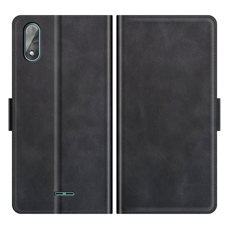 Black leather folio case, front and back view, with phone cutout and side openings