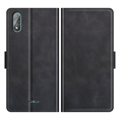 Black leather folio case, front and back view, with phone cutout and side openings