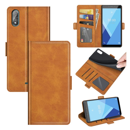 Yellow-brown leather flip phone case with magnetic clasp, card slots, and stand