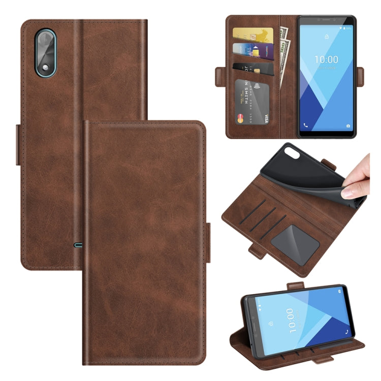 Brown leather flip phone case with magnetic clasp, card slots, and wallet pockets