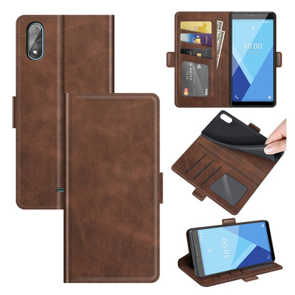 Brown leather flip phone case with magnetic clasp, card slots, and wallet pockets