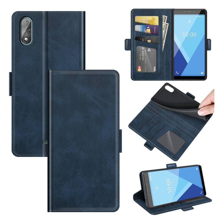 Dark blue leather flip phone case with magnetic clasp, card slots, and stand