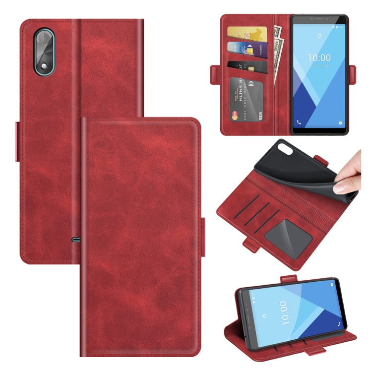 Red leather flip phone case with magnetic clasp, card slots, and viewing stand