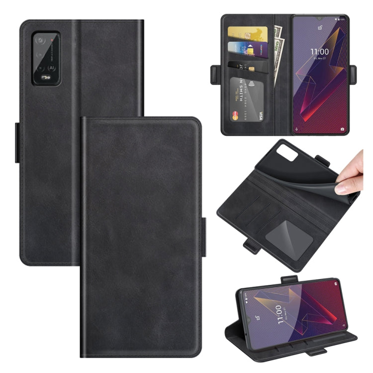 Black flip leather phone case with magnetic clasp, card slots, and wallet holder