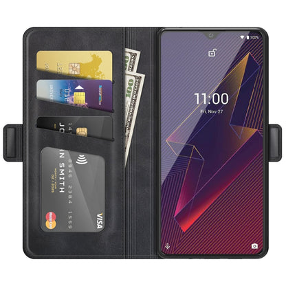 Black flip leather case open with card slots and phone screen viewing window