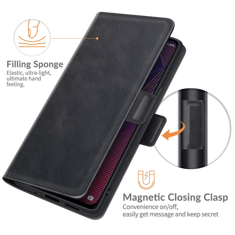 Black flip leather case showing magnetic closing clasp and card storage panel