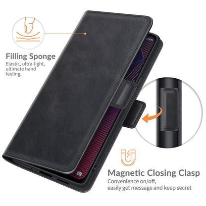 Black flip leather case showing magnetic closing clasp and card storage panel