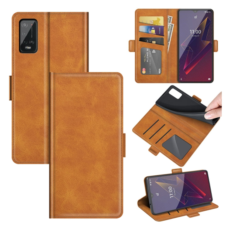 Brown flip leather phone case with card slots, wallet holder, and magnetic closure
