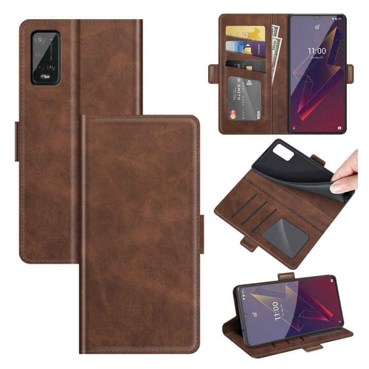 Dark brown flip leather phone case with card slots, wallet window, and magnetic closure