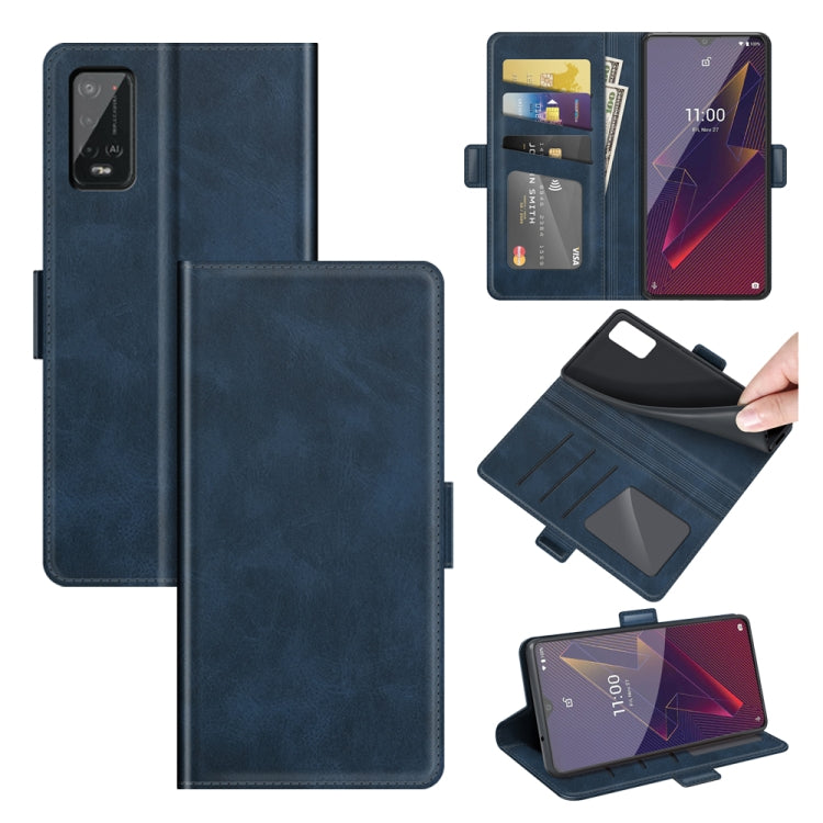 Dark blue flip leather phone case with magnetic clasp, card slots, and wallet holder