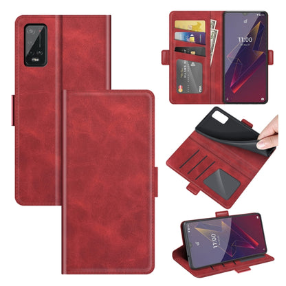 Red flip leather phone case with magnetic clasp, card slots, and wallet holder