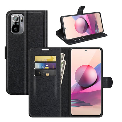 Black litchi-texture flip wallet phone case with card slots and kickstand