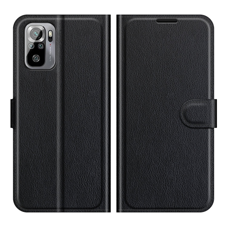 Black litchi-texture folio phone case with magnetic closure and side wallet pocket