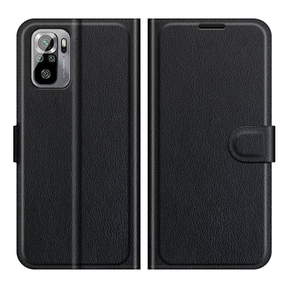 Black litchi-texture folio phone case with magnetic closure and side wallet pocket