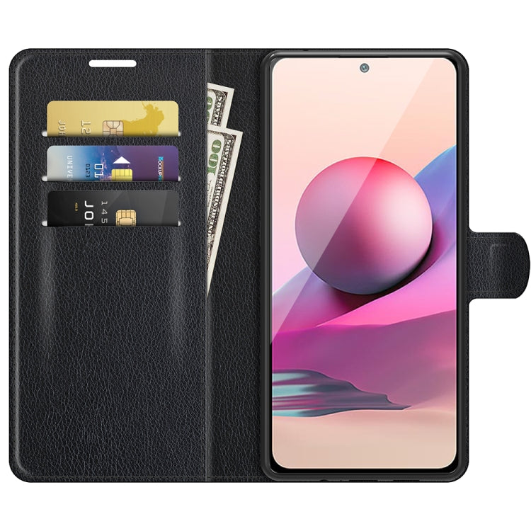 Black litchi-texture flip phone case with card slots and side holder