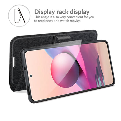Black litchi-texture phone wallet case with card slots and display stand
