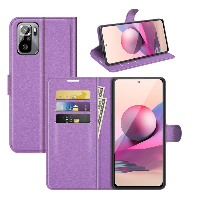 Purple litchi-texture flip wallet phone case with card slots and kickstand