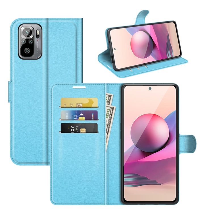 Blue litchi-texture flip wallet case with card slots and holder for Redmi Note 10
