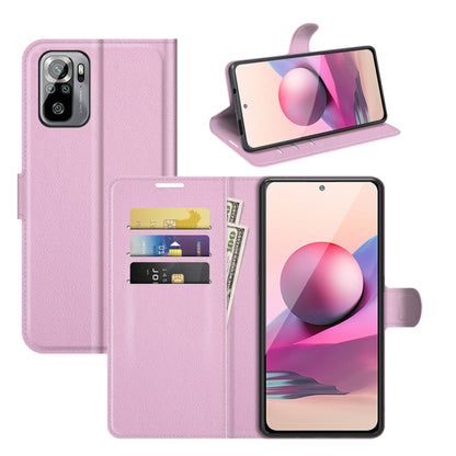 Purple litchi-texture flip wallet case with card slots and holder for Redmi Note 10