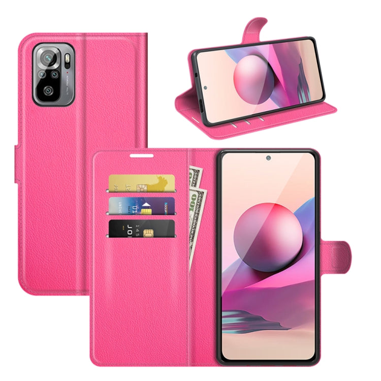Pink litchi-texture flip wallet case with card slots and holder for Redmi Note 10