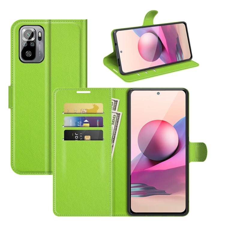 Green litchi-texture flip wallet case with card slots and holder for Redmi Note 10