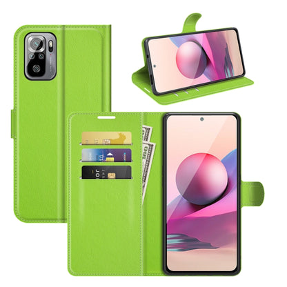 Green litchi-texture flip wallet case with card slots and holder for Redmi Note 10