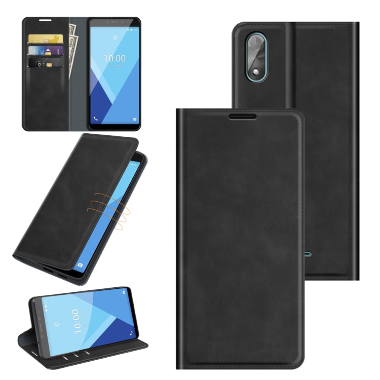 Black leather wallet phone case with magnetic closure, card slots, and stand