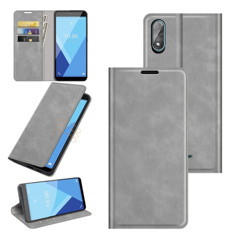Grey leather wallet phone case with magnetic closure and card slots