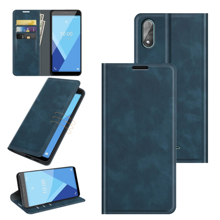 Dark blue leather wallet phone case with magnetic closure and card slots