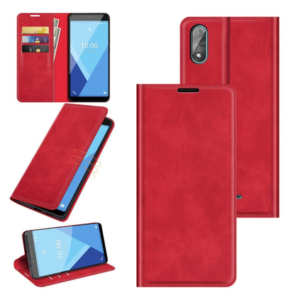 Red leather wallet phone case with magnetic closure and card slots