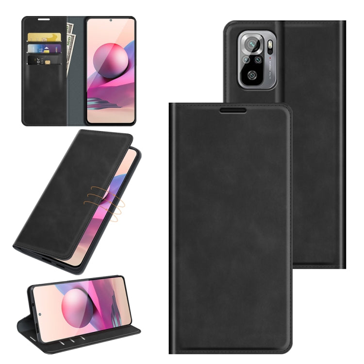 Black leather-style wallet phone case with magnetic closure, card slots, and stand