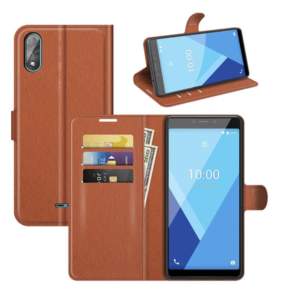 For Wiko Y51 litchi textured flip wallet case in brown with card slots