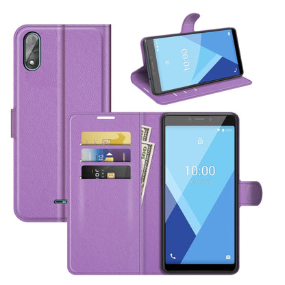 For Wiko Y51 litchi textured flip wallet case in purple with card slots