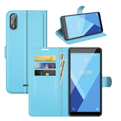 Light blue litchi-texture flip phone case with card slots and stand holder